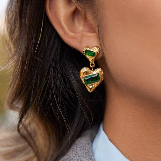 Emerald Gold Heart Earrings